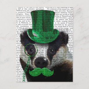 Carte Postale Badger avec chapeau vert et moustache