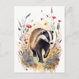 Carte Postale Badger d'aquarelle traversant une prairie de fleur
