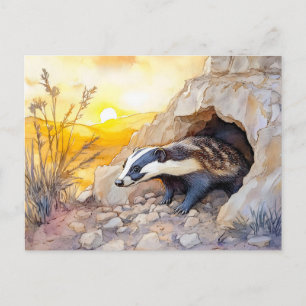 Carte Postale Badger émergeant d'un terrier au col de l'eau du l