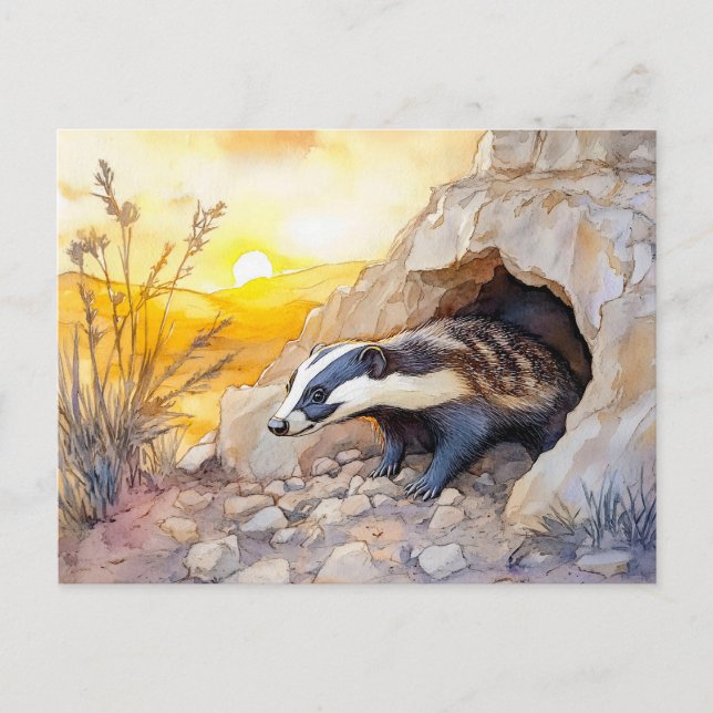 Carte Postale Badger émergeant d'un terrier au col de l'eau du l (Devant)