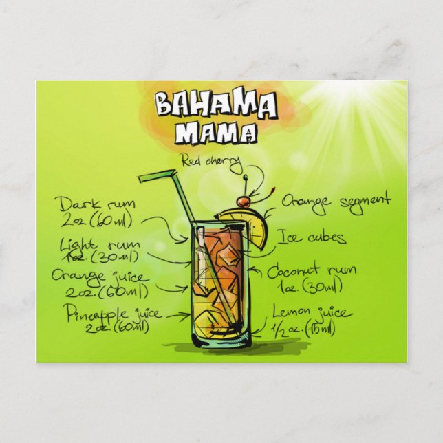 Carte Postale Bahama Mama Cocktail Recipe (Devant)
