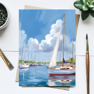 Carte Postale Baie des voiliers Peinture aquarelle côtière