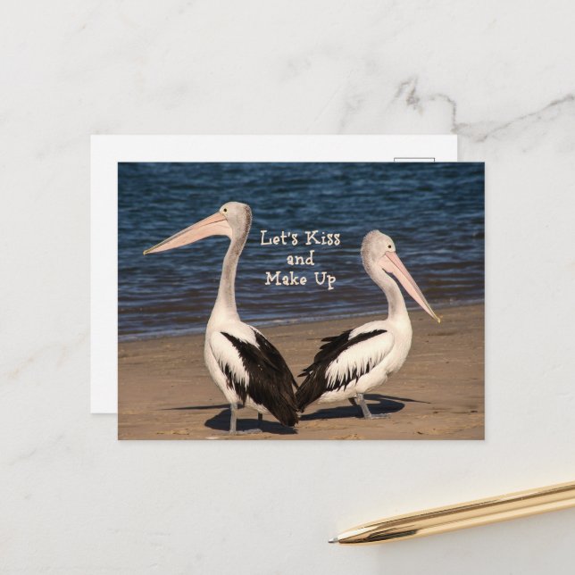 Carte Postale "Baisons-nous et préparons-nous" Pélicans sur la p (Devant/Arrière en situation)