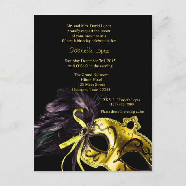 Carte Postale Bal Mascarade Jaune Quinceanera 15e anniversaire (Devant)