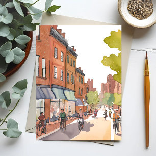 Carte Postale Balade en vélo à Boston   Aquarelle North End MA
