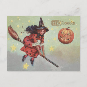 Carte Postale Balai de sorcière Citrouille d'Halloween Étoiles v