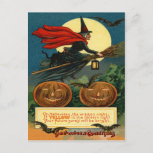 Carte Postale Balai de sorcière Citrouille volante Chat noir Cha