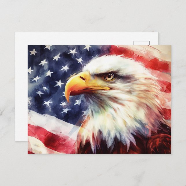 Carte Postale Bald Eagle avec drapeau des États-Unis d'Amérique (Devant / Derrière)