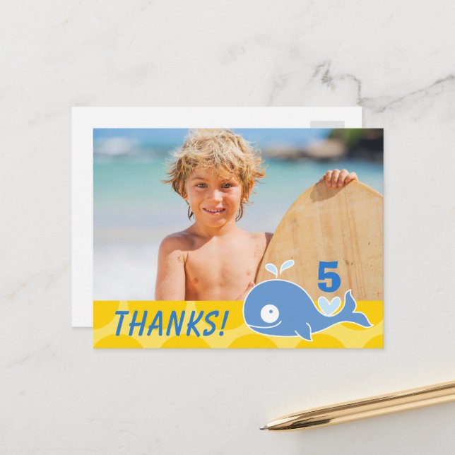 Carte Postale Baleine Bleue Points Jaunes Garçon Merci Photo Ann (Devant/Arrière en situation)