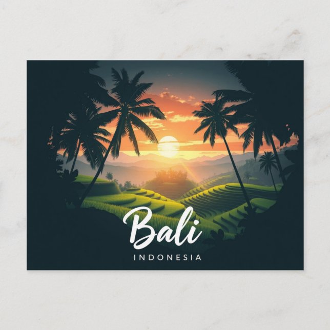 Carte Postale Bali Indonésie Palmiers Rizières Fields coucher de (Devant)