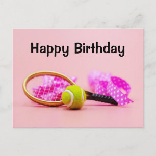 Carte Postale Ball de tennis avec raquette à l'anniversaire rose