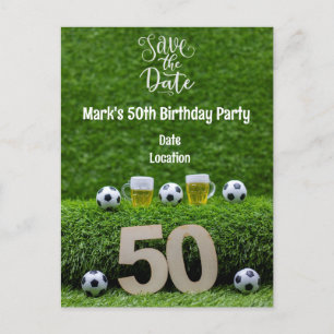 Carte Postale Balle de foot 50e anniversaire avec bière sur fond