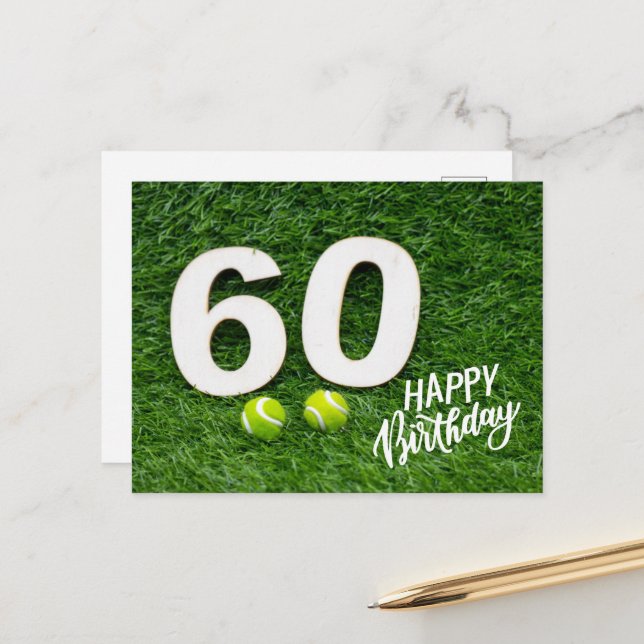 Carte Postale Balle de tennis avec Joyeux 60e Anniversaire  (Devant/Arrière en situation)