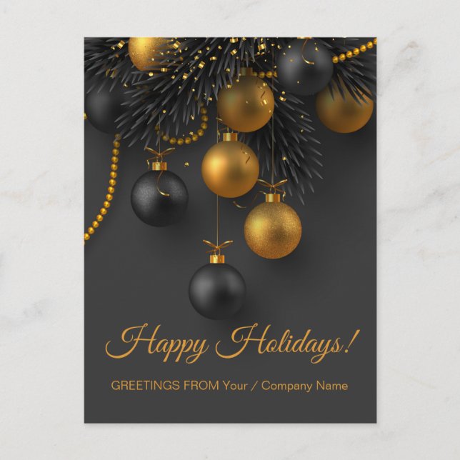 Carte Postale Balles de Noël Noir et Or Vacances Élégantes (Devant)
