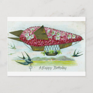 Carte Postale Ballon dirigeable d'anniversaire et oiseaux bleus