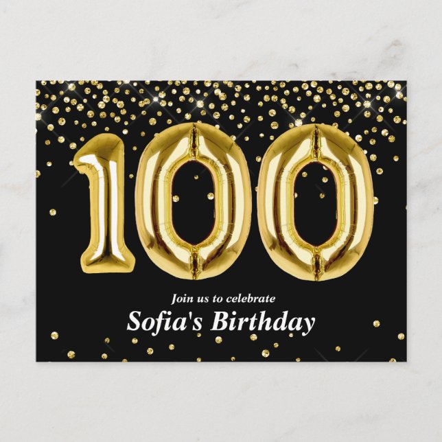Carte Postale ballon doré pailleté pour fête de 100e anniversair (Devant)