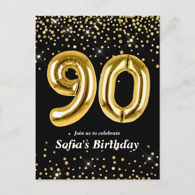 Carte Postale ballon doré pailleté pour fête des 90 ans (Devant)