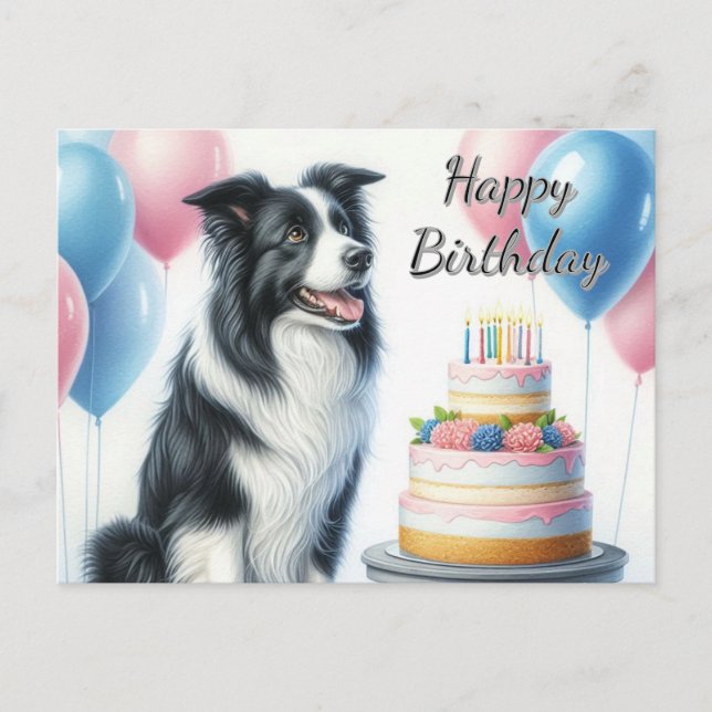 Carte Postale Ballons de gâteau d'anniversaire Border Collie (Devant)