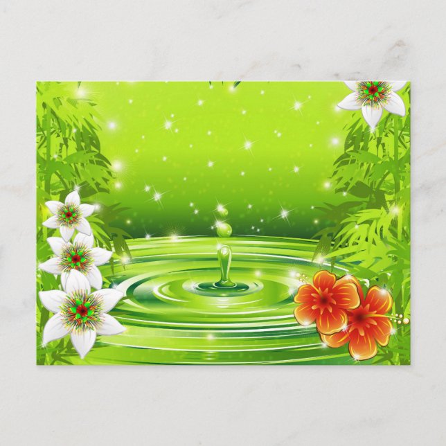 Carte Postale Bambou, eau et fleurs tropicales (Devant)