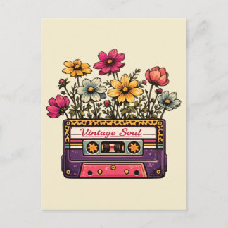 Carte Postale Bande Cassette Vintage Âme avec Fleurs Sauvages Ré