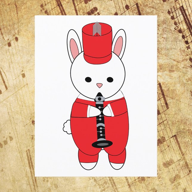 Carte Postale Bande Marche Clarinet Rabbit Rouge Blanc (A postcard featuring a bunny rabbit wearing a red and white marching band uniform playing a clarinet)