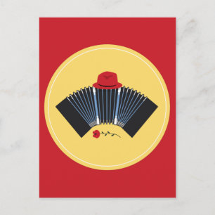 Carte Postale Bandoneon en tango argentin avec Fedora rouge et R