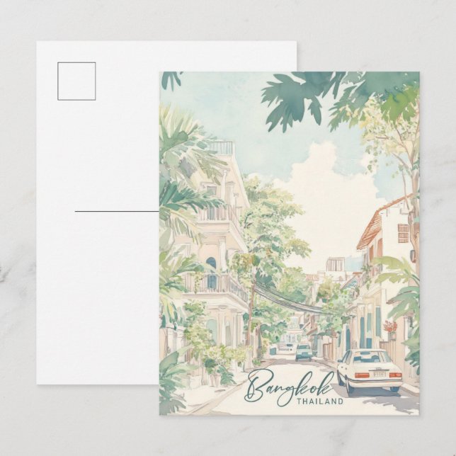 Carte Postale Bangkok Thaïlande Illustration de peinture Gouache (Devant / Derrière)