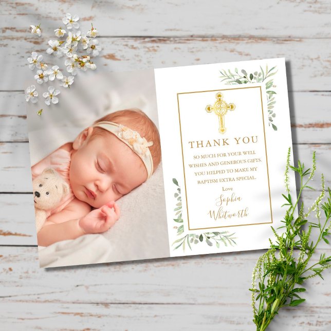 Carte Postale Baptême Christening Croix Dorée Photo de verdure (Créateur téléchargé)