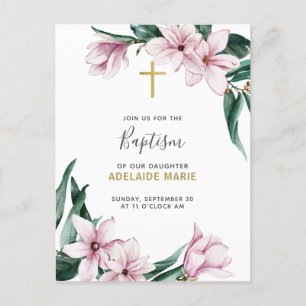 Carte Postale Baptême Floral Magnolias Or & Rose