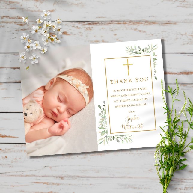Carte Postale Baptism Christening Greenery Photo Thank You (Créateur téléchargé)