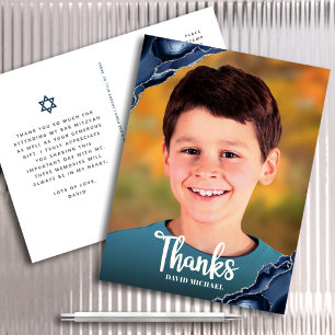 Carte Postale Bar Mitzvah Photo Marine Agate bleu Script Merci
