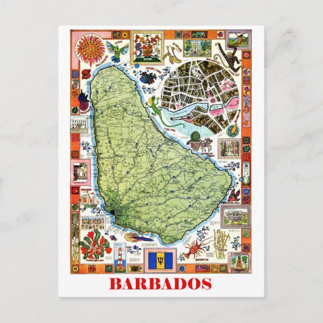 Carte Postale Barbade, île carte, attractions touristiques, vint (Devant)