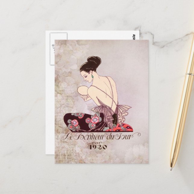 Carte Postale Barbier Image de la mode française Le Bonheur du J (Devant/Arrière en situation)