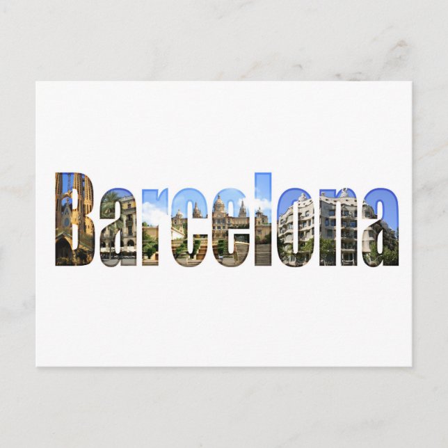 Carte Postale Barcelone avec attractions touristiques en lettres (Devant)