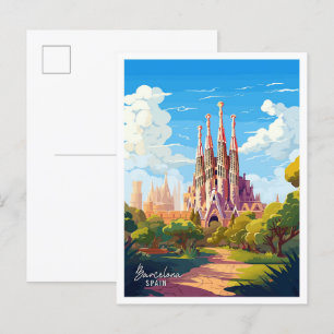 Carte Postale Barcelone Espagne Art illustration de voyage vinta