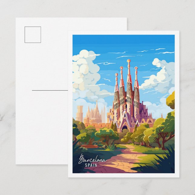 Carte Postale Barcelone Espagne Art illustration de voyage vinta (Devant / Derrière)