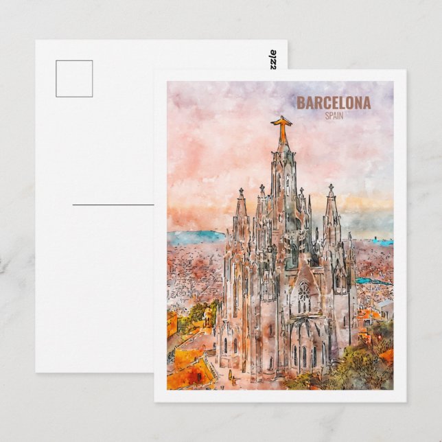 Carte Postale Barcelone Espagne célèbre Voyage aquarelle croquis (Devant / Derrière)