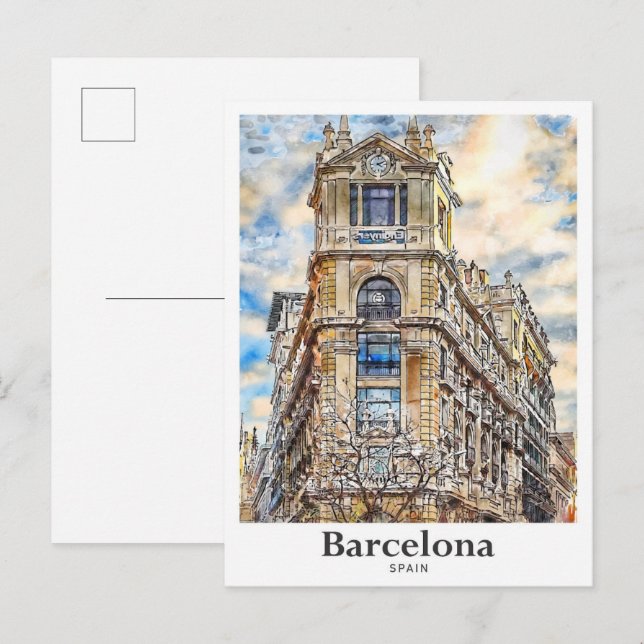 Carte Postale Barcelone Espagne Voyage Aquarelle main tiré (Devant / Derrière)
