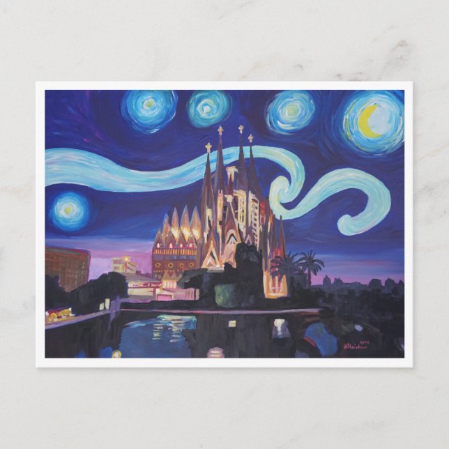 Carte Postale Barcelone Sagrada Familia Nuit étoilée (Devant)