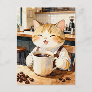 Carte Postale Barista Chat Cozy Art Aquarelle