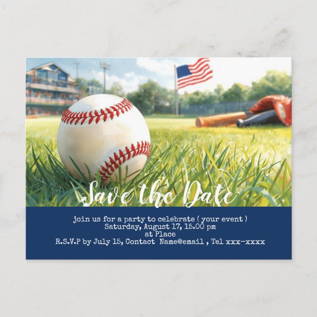 Carte Postale Base-ball sauve la date avec le drapeau de l'Améri (Devant)