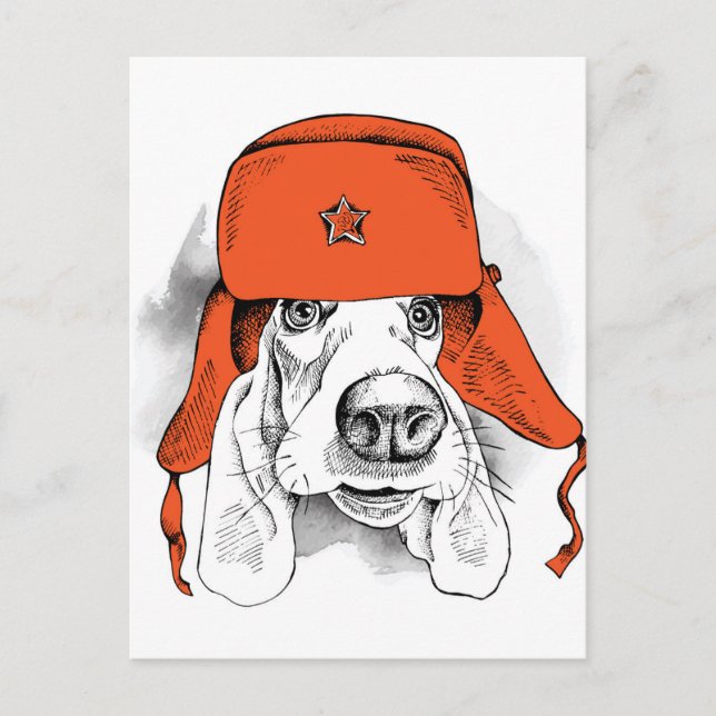 Carte Postale Basset Hound | Casquette rouge Ushanka (Devant)