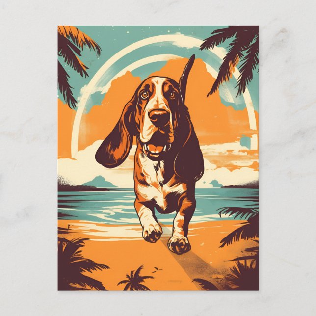 Carte Postale Basset Hound sur une plage tropicale au coucher du (Devant)