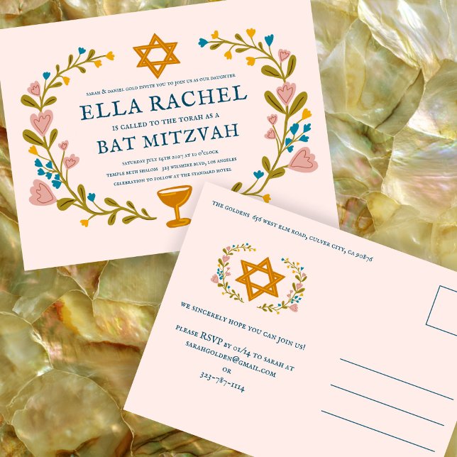 Carte Postale Bat mitzvah à couronne florale sur mesure dessiné  (Floral Wreath Bat Mitzvah Invitation Hand-drawn Custom Postcard
)