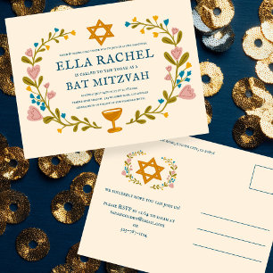 Carte Postale Bat mitzvah à couronne florale sur mesure dessiné 