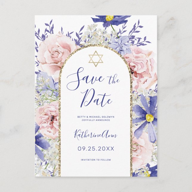 Carte Postale Bat mitzvah de fleurs rose violet Enregistrer la d (Devant)