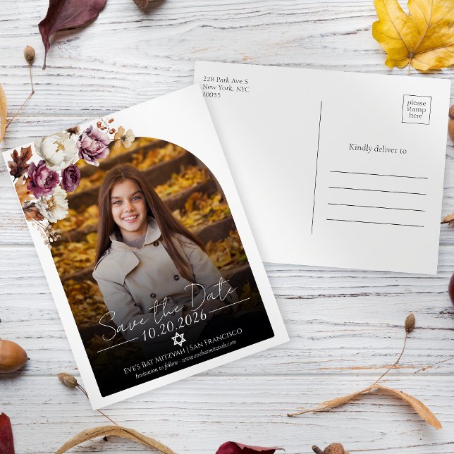 Carte Postale Bat mitzvah de photos florales de Bourgogne Enregi (Créateur téléchargé)