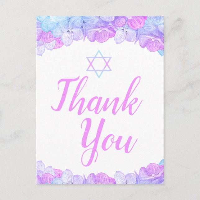 Carte Postale Bat mitzvah Floral rose Hydrangea Merci (Devant)