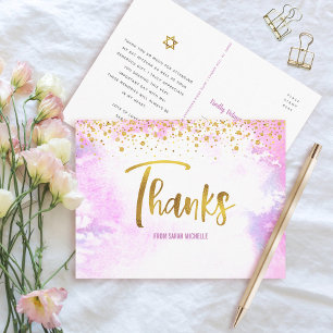 Carte Postale Bat mitzvah Gold Script Pink Aquarelle Merci