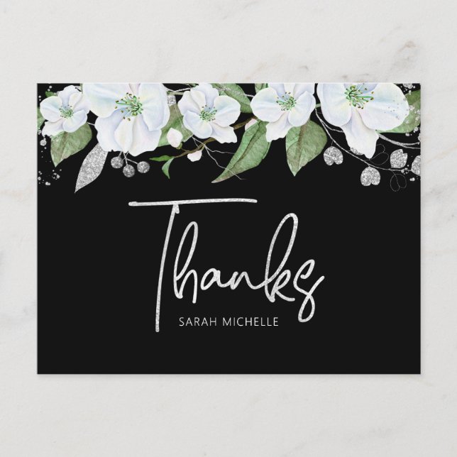 Carte Postale Bat mitzvah Noir Argent Script Merci Floral (Devant)